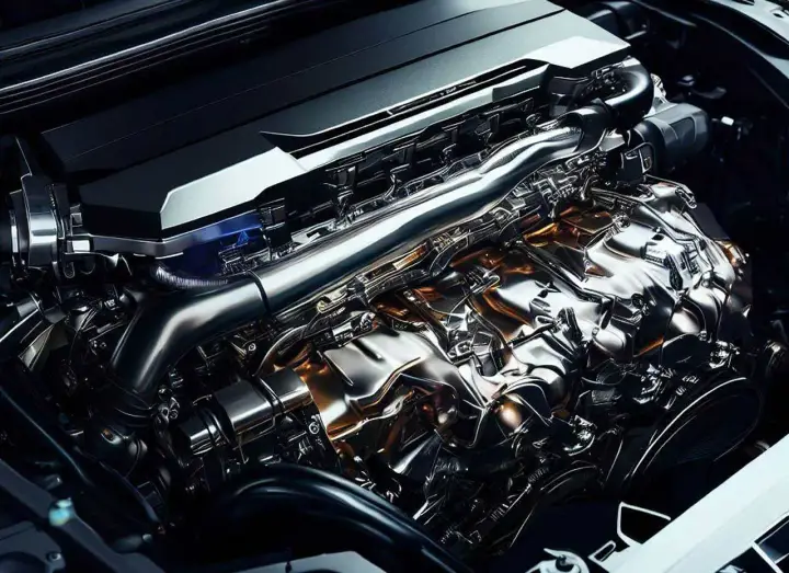 Motore lucido e complesso, con tubi cromati e dettagli dorati. Potrebbe indicare un problema di consumo eccessivo olio motore.