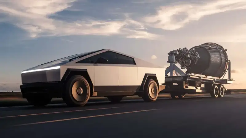 Cybertruck traino un motore di razzo, dimostrando la sua incredibile capacità di traino e il suo peso.